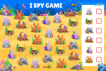 Poster - I spy game, underwater cartoon sea bottom and house buildings, vector puzzle quiz for kids. Worksheet game to find the same picture of undersea homes in seashell, coral and sunken boat in ocean
