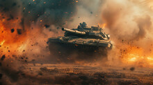 Modern Battlefield Warfare With Advanced Armored Tank In Combat Surrounded By Explosions And Smoke