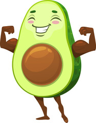 Aufkleber - Cartoon Mexican powerful avocado character with muscles. Tropical fruit bodybuilder funny personage showing biceps muscled. Strong avocado isolated vector comical character or mascot