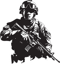 Commando Precision Elegant Vector Soldier Holding Gun Emblem Strategic Vigilance Vector Black Iconic Soldier With Gun In Elegant Design