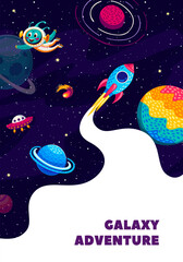 Poster - Galaxy adventure poster. Rocket spaceship launch, alien character, ufo and starry galaxy landscape with planets. Vector background with spacecraft with white smoke travel in Universe explore cosmos
