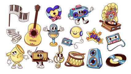 Sticker - Groovy cartoon music characters and stickers set. Funny musical instruments and music players of 70s 80s, retro boombox and microphone, speakers and drum. Cartoon mascots and emoji vector illustration