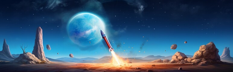 Wall Mural - a rocket launching into space with a blue planet in the background generative ai