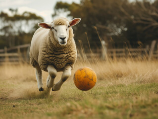 Wall Mural - A Photo of a Sheep Playing with a Ball in Nature