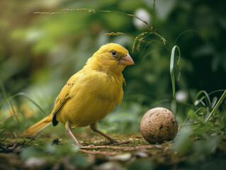 Wall Mural - A Photo of a Canary Playing with a Ball in Nature