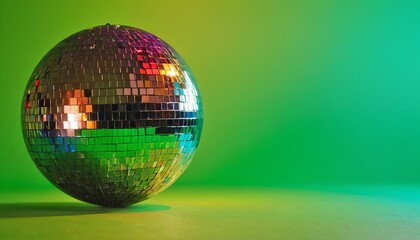 Disco or mirror ball with rainbow on green light background with lights and sparkles. Music and dance party background. Postcard, poster, flyer, banner for St. Patrick's Day. retro 80s and 90s concept