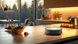 Uma cozinha moderna é banhada por luz natural suave exibindo aparelhos e gadgets de alta tecnologia