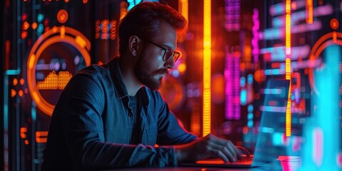 IT specialist is working on a laptop with data, abstract neon lights around
