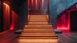 A grand wooden staircase in a contemporary home, illuminated by ruby-red lights, adding a rich, safe glow to the interior design. 8k