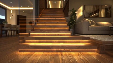 A contemporary home featuring a wooden staircase with hidden LED lighting under each step, creating a warm, inviting ambiance. 8k