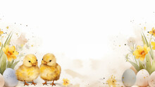 Postcard With Adorable Cute Easter Chicks With Daffodils And Painted Eggs, Drawn In Watercolor.