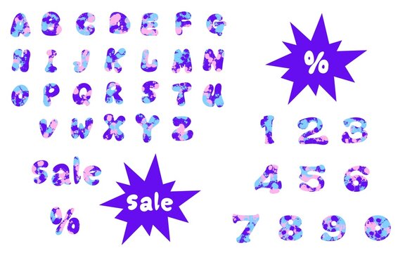 Set English alphabet and numbers and sale and percent print for wrapping paper and shops packaging