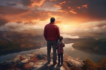 Poster - A father and son embrace on a mountain peak, captivated by the sunset. Generative AI.