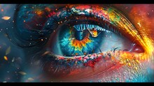 Eye Of The Future, A Colorful Eye With A Splash Of Paint On It's Irise And A Butterfly On Its Irise