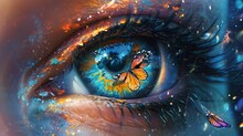 Eye Of The Person, A Colorful Eye With A Splash Of Paint On It's Irise And A Butterfly On Its Irise