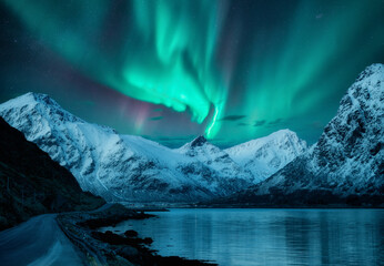Wall Mural - northern lights over the snowy mountains, frozen sea, reflection in water at winter night in lofoten