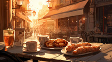 Outdoor Sidewalk Cafe Eating A Continental Breakfast Of Coffee And Croissants In Florence, Italy