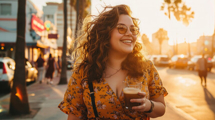 Wall Mural - beautiful plump happy girl drinks coffee on a walk, palm trees, summer, plus size model, overweight woman, fat person, portrait, face, lady, lifestyle, weight loss, curvy, city, street