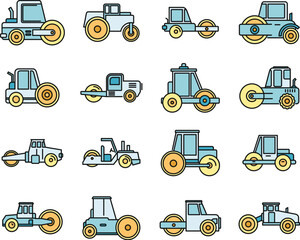 Poster - construction road roller icons set. outline set of construction road roller vector icons thin line c