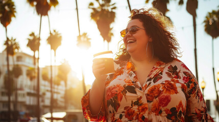 Wall Mural - beautiful plump happy girl drinks coffee on a walk, palm trees, summer, plus size model, overweight woman, fat person, portrait, face, lady, lifestyle, weight loss, curvy, city, street