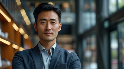 Young Asian businessman in formal wear portrait of confident businessman in office professional business attire, emphasizing confidence and success