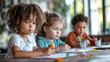 © T-elle - Three young children deeply focused on coloring with markers at a table, showcasing diversity and early childhood education