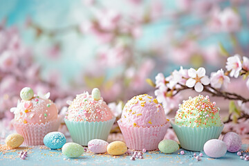 homemade easter holiday celebration sweet treats praline chocolate truffle treats in romantic pastel spring colours with frosting heart shaped sprinkles in magazine editorial look bakery baked	