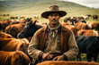 Portrait of a Gaucho farmer mounted on a Criollo horse driving cattle in the pampas of southern Brazil. Crioulo Brazilian horse breed.