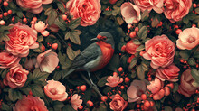 Happy Valentine's Day. Lush Floral Backdrop With A Vibrant Red Bird Among Pink Roses, Perfect For Valentine's Day Themes.