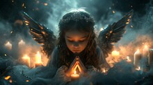 Person With A Burning Candle, A Young Girl With Angel Wings Praying In A Dark Room With Candles Around Her And A Fog Filled Sky Behind Her