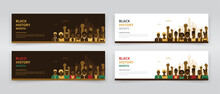 Web Banner Or Header Templates Featuring African American People In Front Of Background Of Power Fists And Cityscape. Ideal For Black History Month Programs