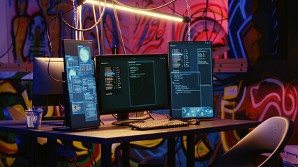Aufkleber - modern technology in abandoned basement with graffiti drawings on walls used by rogue hackers . unde