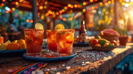 Wall Mural - Cinco-de-mayo celebration concept. Top view photo of nacho chips salsa sauce chilli tequila with salt lime sombrero hats colorful serape