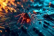 AI generated illustration of a spider on top of a printed circuit board in dim lighting