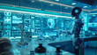 Um laboratório elegante e moderno é preenchido com o suave brilho da tecnologia futurista  Robôs avançados se movem graciosamente suas formas metálicas refletindo as luzes azuis frescas do