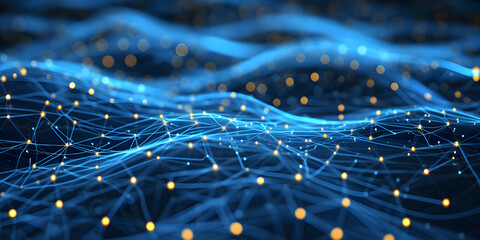 Background blue spider web closeup with many dots and lines, technology and innovation