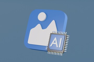 Poster - 3d AI Chip image generator icon in science and business, Technology and engineering concept, Artificial intelligence or neural network concept. Minimal Cartoon design isolated background. 3D Rendering