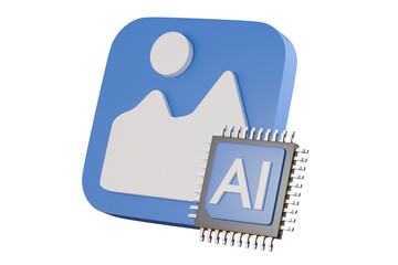 Poster - 3d AI Chip image generator icon in science and business, Technology and engineering concept, Artificial intelligence or neural network concept. Minimal Cartoon design isolated background. 3D Rendering