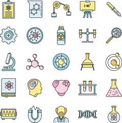 Poster - nuclear biophysics icons set. outline set of nuclear biophysics vector icons thin line color flat on