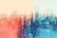 An Abstract Urban Blend Of Digital Art Creates A Mixed Media Skyline, Where Skyscrapers Are Fused With Vivid Red And Blue Hues.., Abstract Colorful Background