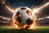 Fototapeta Sport - Burning soccer ball flying over football stadium