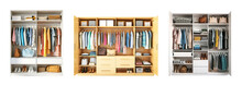 Collage Set Of Female Wooden Wardrobes Full Of Clothes Over White Transparent Background