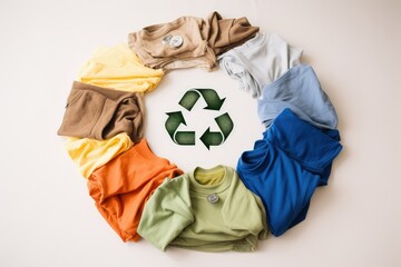 Circle of colored t-shirts with recycling symbol on white background. zero waste and reuse concept of cloths. colorful circle of clothes with logo recycling. Ecology concept.