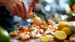 © we3_food - seafood, professional cook prepares shrimps with sprig beans. Ai Generative.