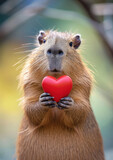 Fototapeta  - little cute capybara holding a heart on a blurred color background, valentine's day, symbol, love, February 14, postcard, animal
