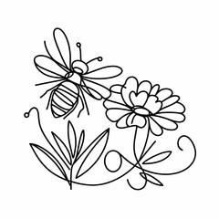 Wall Mural - One continuous line drawing of bee and flower logo icon. Trendy single line draw design vector illustration