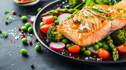 Wall Mural - Roasted salmon steak with asparagos broccoli carrot tomatoes. Ai GenerativeRoasted salmon steak with asparagos broccoli carrot tomatoes. Ai Generative