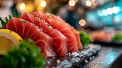 Wall Mural - Culinary Delights: Close-Up of Fresh Tuna Fillet Steak and Sashimi