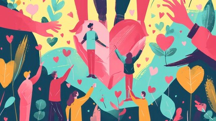 Wall Mural - Voluntary, charity and donation flat  illustration. Volunteers, social workers holding hearts in palms. Group of people raising hands. Unity in diversity. Social help for people in need clipart