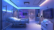 Um moderno quarto de hospital é iluminado por uma luz ambiente suave lançando um brilho calmante sobre o equipamento médico avançado que preenche o espaço